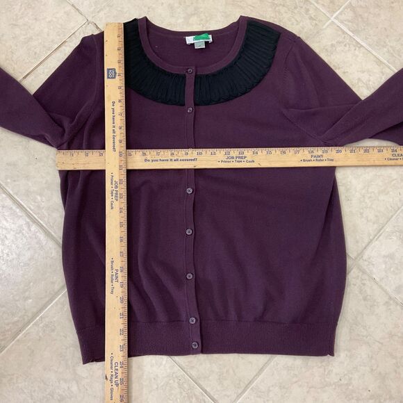 Loft Button Up Cotton Cardigan sweater women’s size XL purple ribbon faux collar - Picture 5 of 9